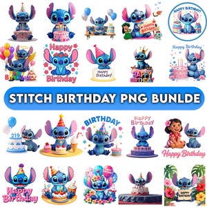 Stitch Birthday PNG bundle featuring cute tropical birthday designs with Stitch, birthday hats, balloons, cakes, island party vibes, colorful cartoon artwork, and fun birthday girl themes. High-resolution transparent background PNG files perfect for sublimation printing, birthday t-shirts, tumblers, mugs, tote bags, stickers, party decorations, matching family shirts, kids apparel, tropical birthday merchandise, and print on demand products for Etsy shops and small creative businesses.