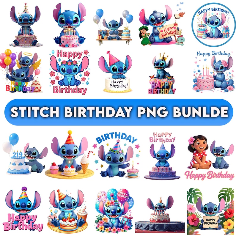 Stitch Birthday PNG bundle featuring cute tropical birthday designs with Stitch, birthday hats, balloons, cakes, island party vibes, colorful cartoon artwork, and fun birthday girl themes. High-resolution transparent background PNG files perfect for sublimation printing, birthday t-shirts, tumblers, mugs, tote bags, stickers, party decorations, matching family shirts, kids apparel, tropical birthday merchandise, and print on demand products for Etsy shops and small creative businesses.
