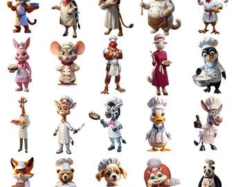 Pacote de imagens PNG de animais engraçados cozinhando, clipart de animais fofos na cozinha, humor culinário em PNG, arquivos para sublimação para download digital.