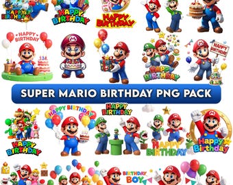 Pacote de imagens PNG do Super Mario, designs para festa de aniversário, download digital do Mario Bros, decorações de festa faça você mesmo, PNGs de alta resolução