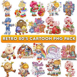 Puede incluir: Una colección de imágenes PNG de dibujos animados retro de los años 80. Las imágenes presentan varios personajes, incluyendo Strawberry Shortcake, Rainbow Brite, Care Bears y otros diseños nostálgicos. El texto "Retro 80's Cartoon PNG Pack" se muestra.