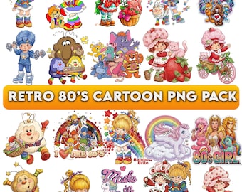 80年代の漫画キャラクターPNGバンドル、レトロな昇華デザイン、ヴィンテージ80年代ポップカルチャーPNGダウンロード