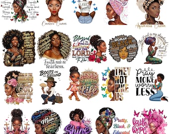 Pacote de imagens PNG com afirmações de fé de mulheres negras, clipart PNG de rainha afro cristã (download digital)