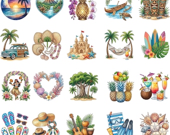 Pacote de Clipart de Verão Tropical Havaiano, Praia, Ilha, Gráficos de Férias (20 Imagens PNG)