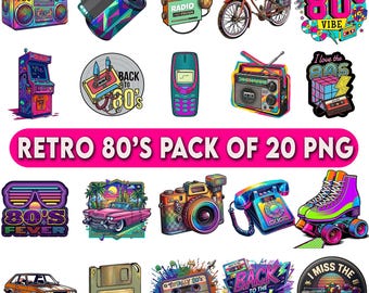 Pacote PNG dos anos 80, designs retrô para sublimação, arquivos PNG vintage de desenhos animados e nostalgia para camisetas.