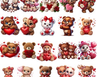 Pacote de imagens PNG de ursinhos de pelúcia para o Dia dos Namorados, ursos românticos com corações, clipart para uso comercial (download digital)