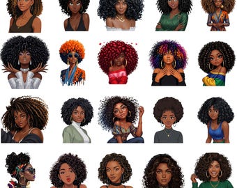 Pacote de imagens PNG de mulheres negras elegantes, 20 retratos de moda com cabelo afro cacheado para designers.