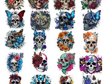 Pacote de PNGs de Caveiras Florais, Clipart de Caveira Mexicana, PNG de Caveira Borboleta Gótica, Desenhos Florais Escuros para Sublimação, Download Digital