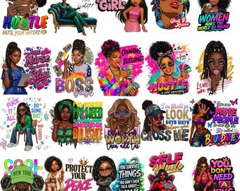 Pacote de PNGs Afro Baddie Girl, Clipart de Mulher Negra Poderosa, PNG Rainha da Melanina, PNGs para Sublimação com Frases Inspiradoras, Download Digital