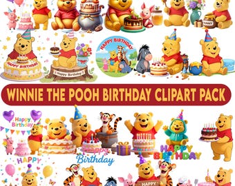 Pacote de imagens PNG para aniversário do Ursinho Pooh, Clipart de aniversário do Pooh e Tigrão, Imagens PNG fofas para sublimação em festa de desenho animado