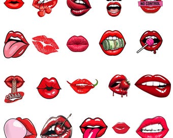 赤い唇のPNGバンドル、キスクリップアート20個パック、昇華ファイル（デジタルダウンロード）