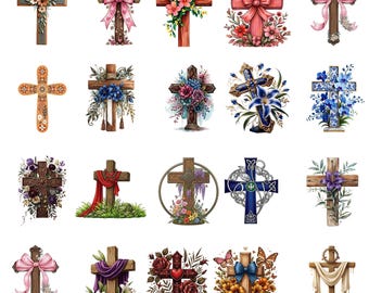 Pacote de PNGs de Cruz Floral, Clipart de Cruz Cristã, PNG de Cruz Floral, Design Religioso para Sublimação, Download Digital para Camiseta