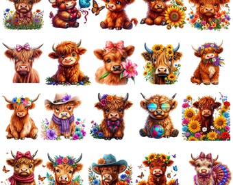 Pacote de PNGs de Vaca das Terras Altas com Estampa Floral | Clipart de Vaca Coquette | PNG de Sublimação de Animais Divertidos | Estampa Fofa de Vaca Floral para Camiseta