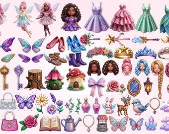 Pacote de Clipart de Fadas em PNG, Pacote de Fadas Fantásticas e Fofas, Bonecas Mágicas, Vestidos, Asas, Clipart Estilo Cottagecore, Ilustrações de Fadas para Crianças, Download Instantâneo