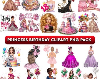 Pacote de imagens PNG de princesas, imagens PNG de princesas em desenho animado, conjunto de imagens de princesas para tema de aniversário, camisetas para festa de meninas, download digital