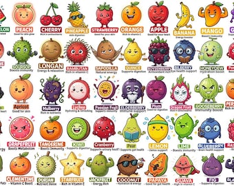 Pacote com 50 imagens PNG de frutas, clipart de frutas fofas em estilo cartoon, personagens de frutas kawaii, clipart de alimentos saudáveis, download digital PNG para sublimação.