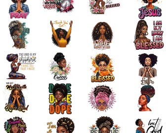 Pacote com 20 arquivos PNG de Garota Negra, Desenhos Cristãos de Mulher Afro, Citações de Fé Abençoada por Jesus, Gráficos DTF para Sublimação em Camisetas, Arte de Rainha Negra