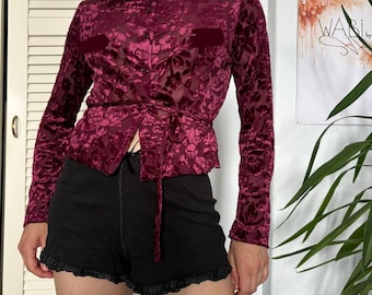 Dark Romance Velvet Top Atelier SAB Japan Burgundy Ruffle Tie Waist Y2K Mob Wife S