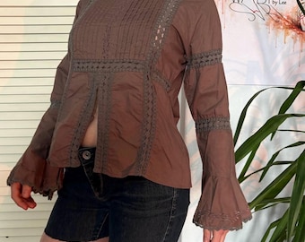 Y2K Boho Bell Sleeve Blouse Cottagecore Lace Top Romantic Vintage Brown Cotton Top Indie Coquette Flared Sleeve Blouse