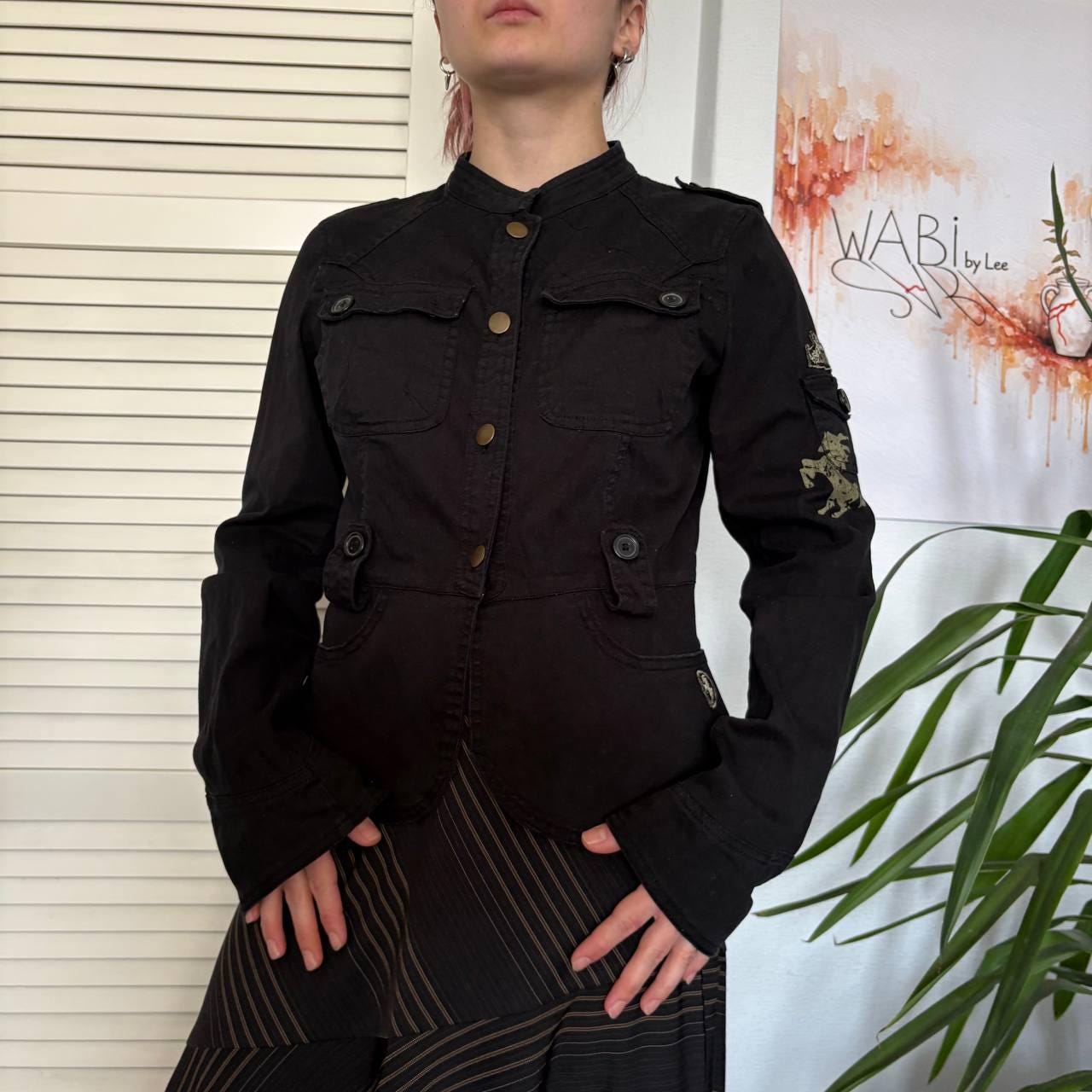 Y2K Military Style Jacket Black Utility Grunge Fitted Minimal Coat