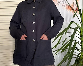 100% Linen Navy Button Up Oversized Dark Minimalist Blouse