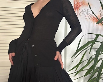 Kiina Black Sheer Knit Button-Up Cardigan | Goth Dark Academia Balletcore Long Sleeve Top | Viscose Nylon Semi-Sheer | Size XS