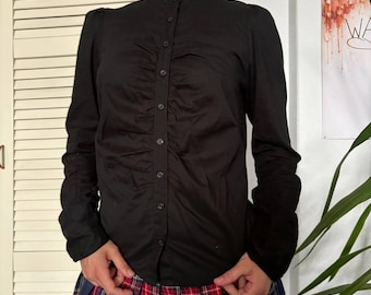 Black Cotton Victorian Ruffle Shirt High Neck Button Cuff Dark Academia Goth Blouse S