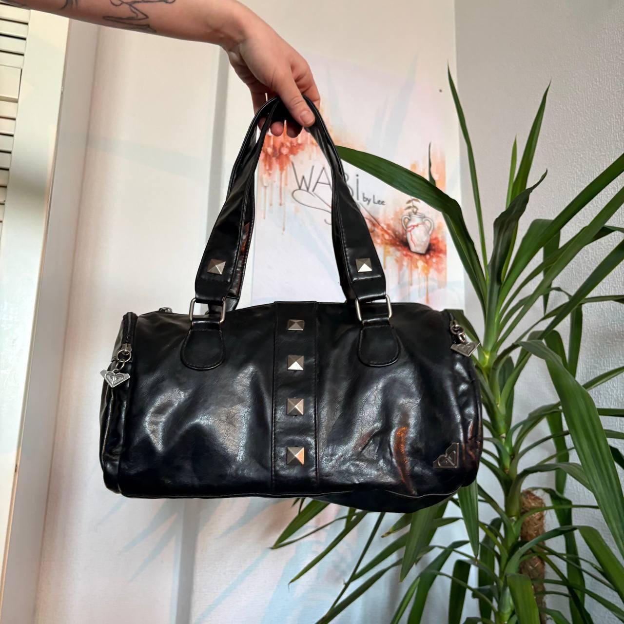 【Y2K】leather shoulder bag studs ribbon Black Shoulder Bag Y2k Rivet Punk Hobo Purse Gothic Crossbody Bags