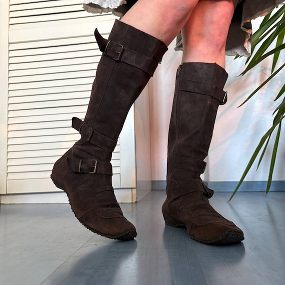Vintage Brown Leather Knee High Biker Boots Buckle Strap Moto Riding Footwear EU 39
