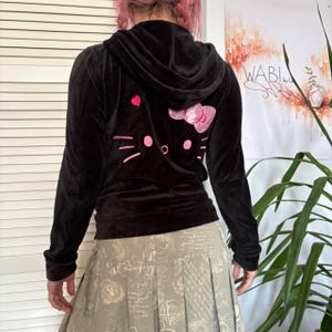 Y2K Hello Kitty HM Hoodie Black Zip Up Kawaii Soft Girl Top (S) image 3