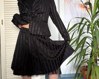 Isabel Kristensen Y2K Designer Skirt Suit Black Satin Stripe Set Tailored Blazer Pleated Skirt Gothic Minimalist Co Ord Set Wednesday style