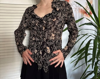 Sheer Floral Fairycore Blouse Tie Front Ruffle Black Cream Romantic Boho Size M