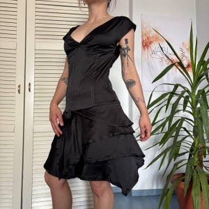 Vintage MNG Black Corset Style Dress Ruched Bust Asymmetric Ruffle Y2K Party S