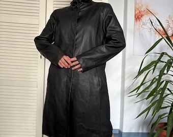 Real Leather Longline Coat Black High Neck Minimalist Y2K Vintage Cybercore Jacket M