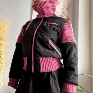 Y2K Boulevard Black Pink Padded Bomber Jacket Zip Off Sleeves Knit Funnel Collar 2000s Cropped Puffer Gyaru Harajuku Scene
