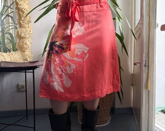 Gonna in seta con cintura, stampa floreale corallo, stile boho anni 2000, linea ad A, midi, con cintura in vita, taglia Flower Sensations