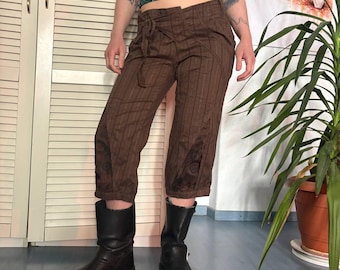 Y2K Pinstripe Office Capri Pants Tie Waist Low Rise Cropped Trousers S