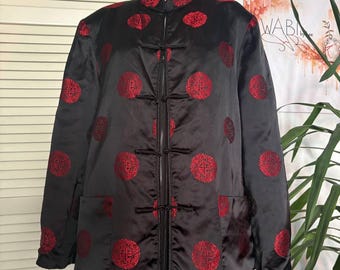 Chinese Satin Jacket Black Red Embroidered Tang Style Frog Closure Oriental Jacket Gothic Y2K Statement Coat