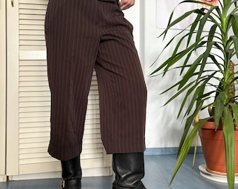 Pantalones capri de pierna ancha con raya diplomática corta South Brown, estilo Y2K Dark Academia, para oficina, talla S