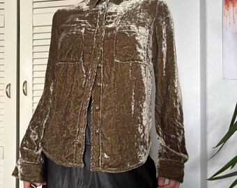 Nile Collection Silk Blend Velvet Shirt Olive Gold Metallic Crushed Velvet Utility Top Button Up Long Sleeve Size XS