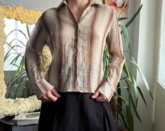 Crinkle Pleated Striped Blouse Cropped Earth Tone Boho Cottagecore Y2K Long Sleeve Button Up Shirt Size M