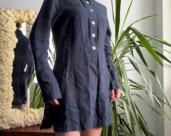 Vintage Cinoche Paris Navy Linen Shirt Tunic Size S French Tunic Eyelet Embroidery Cottagecore Minimalist France