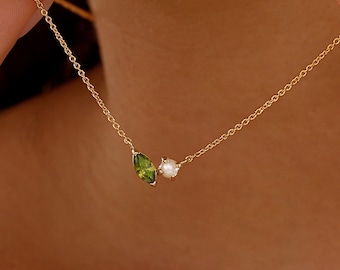 Marquise Birthstone & Pearl Necklace, Personalized Gemstone Pearl Necklace, Birthstone Jewerly, Bridesmaid Gifts for Her, Christmas Gifts