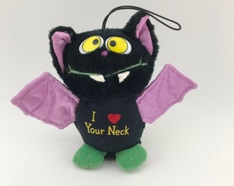 Vintage Russ Berrie & Co., Inc., "I Love Your Neck", Plush Bat, Halloween Bat, Stuffed Toy Bat, FAIR CONDITION