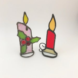 Vintage Pair Of Stained Glass Candles, Small Stained Glass Christmas Candles, Stained Glass Home Decor, Holly Berry Stained Glass Candle