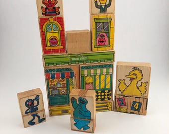 Juego vintage de 15 bloques de Barrio Sésamo, Sandberg Manufacturing Company, década de 1980