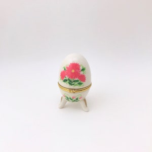Vintage Porcelain Egg Shaped Trinket Box With Hot Pink Flowers, Hinged Trinket Box, Egg Shaped Trinket Container On Legs