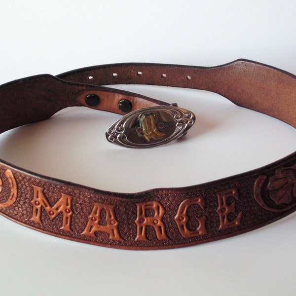 Tooled Leather Western Belt and Buckle for Marge