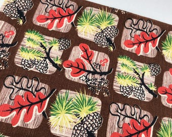 Vintage Fall Themed Fabric Barkcloth Remnant, Leaves And Pinecones