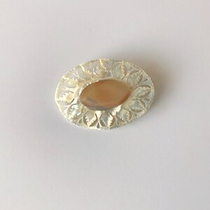 Vintage Mother Of Pearl Brooch, Made In Bethlehem, White And Flesh Colored Oval Pin, Bethlehem